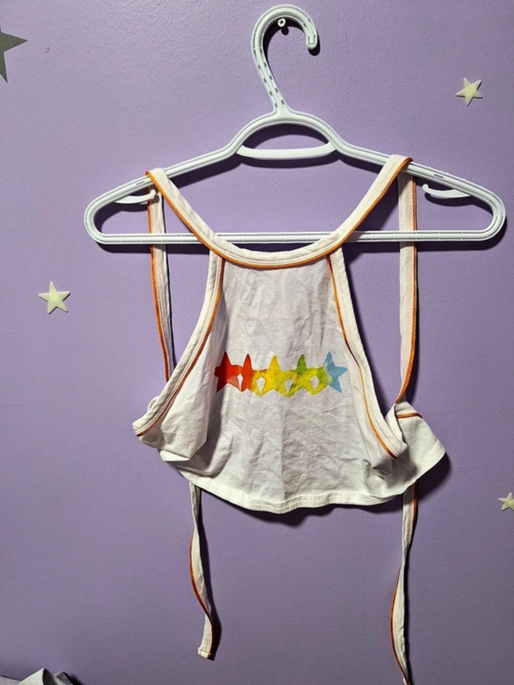 Rainbow Star Print Halter Crop Top in White & Orange